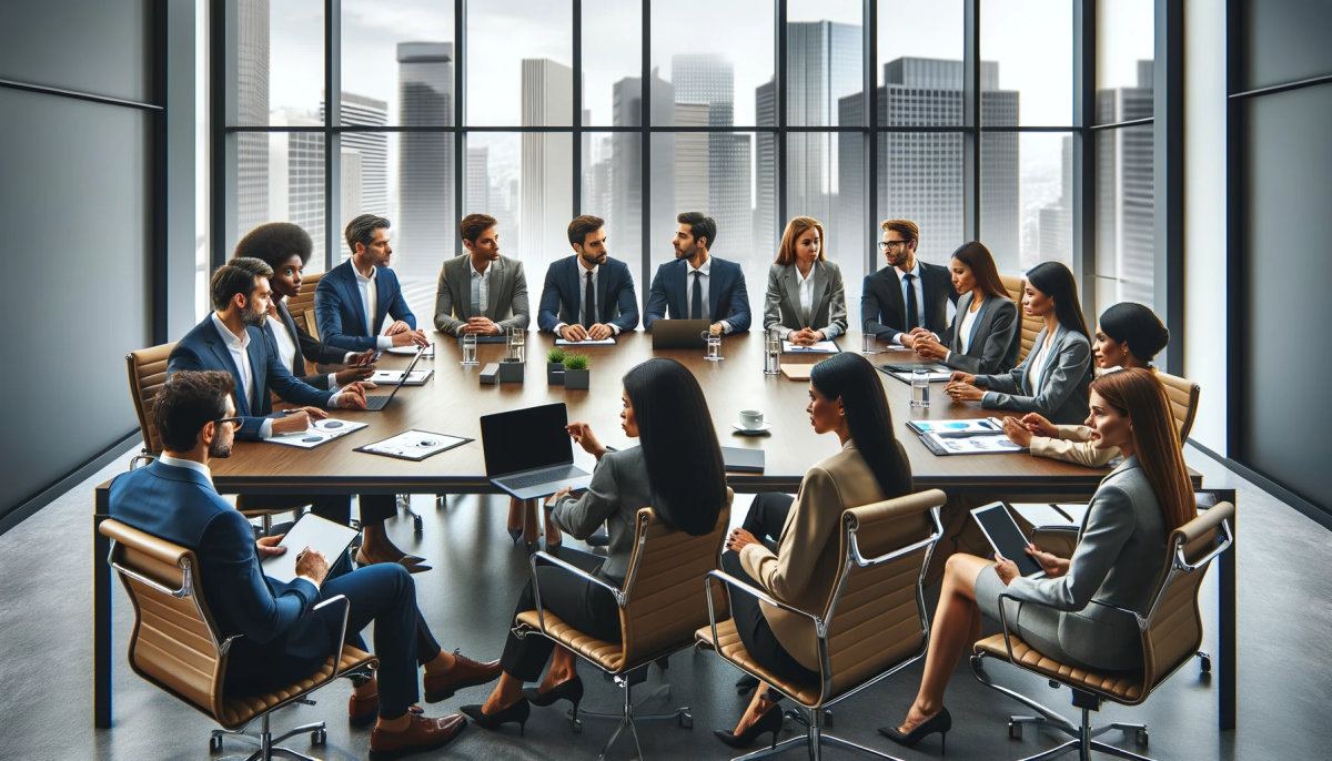 Group of business professionals in a meeting discussing corporate travel