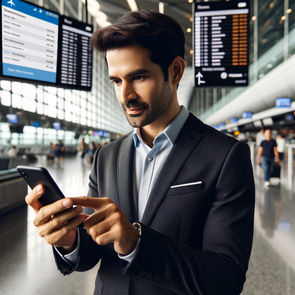 Business traveler using a mobile app to manage travel bookings