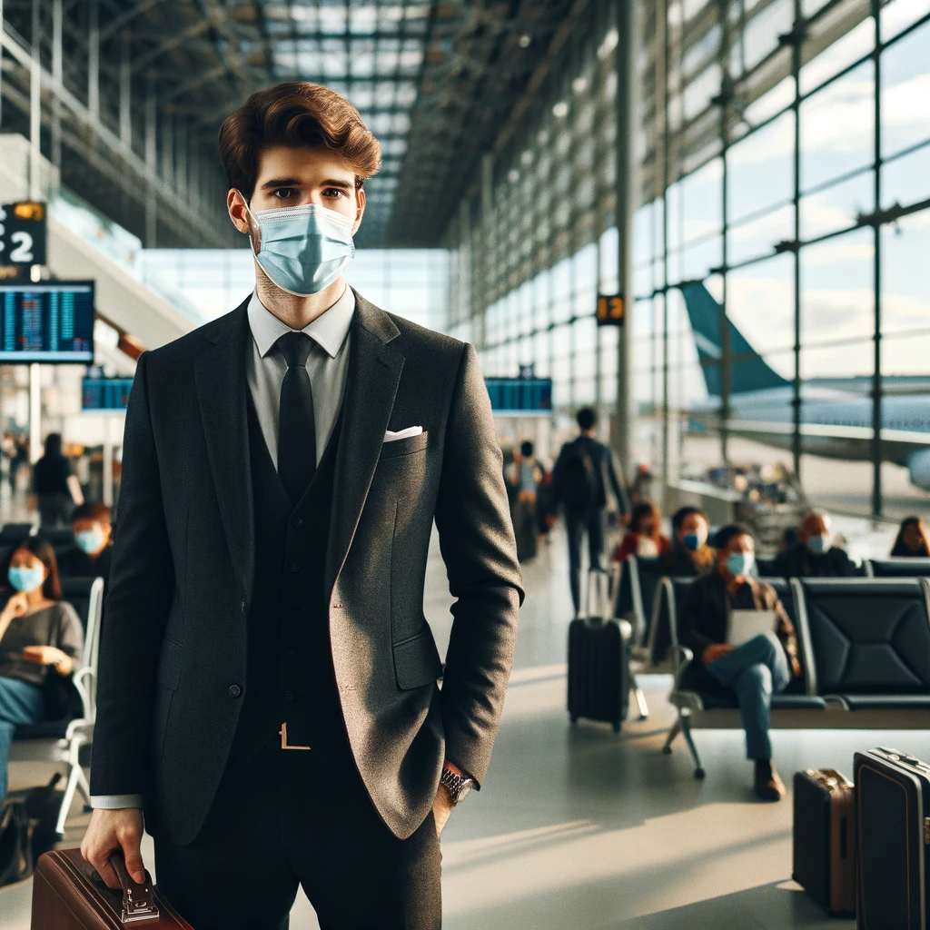 Business traveler wearing a mask at an airport terminal