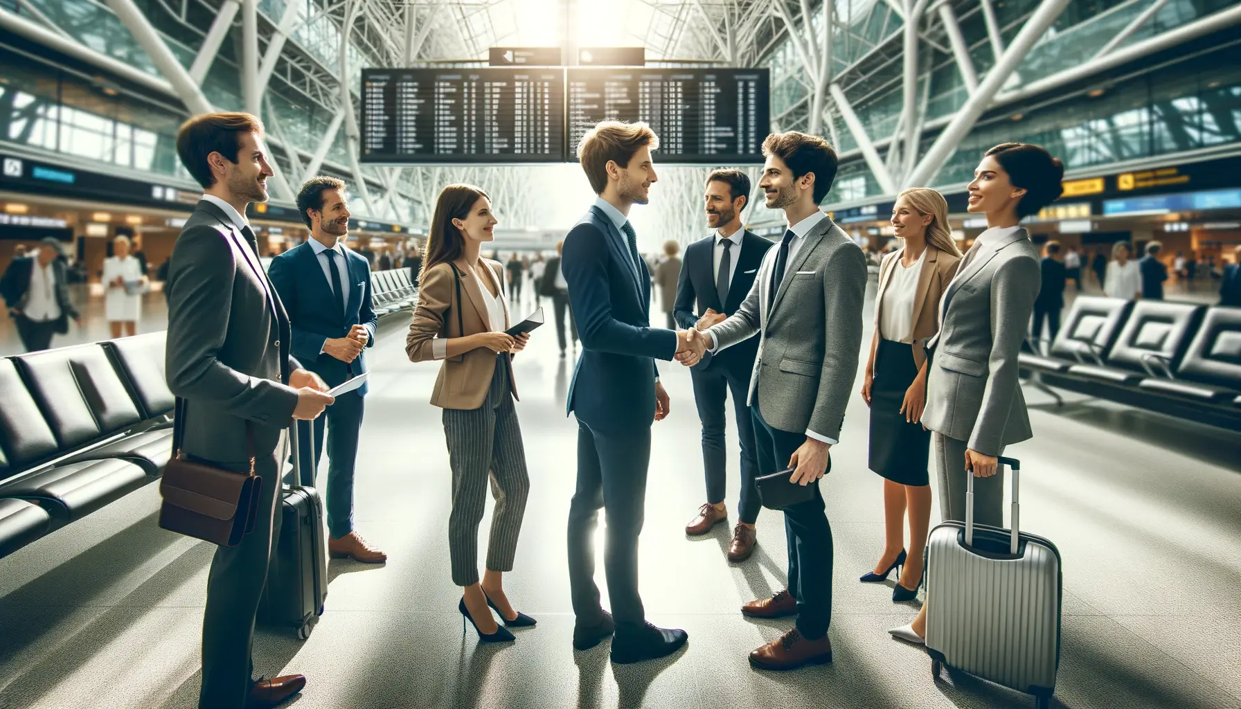 Corporate travel management - Business professionals shaking hands at airport