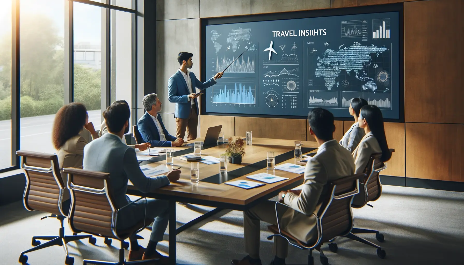 Person presenting travel insights to a group, set in a modern boardroom, with the presenter engaging the audience.