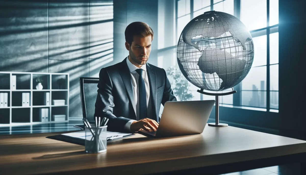 Businessman working on laptop with globe in background