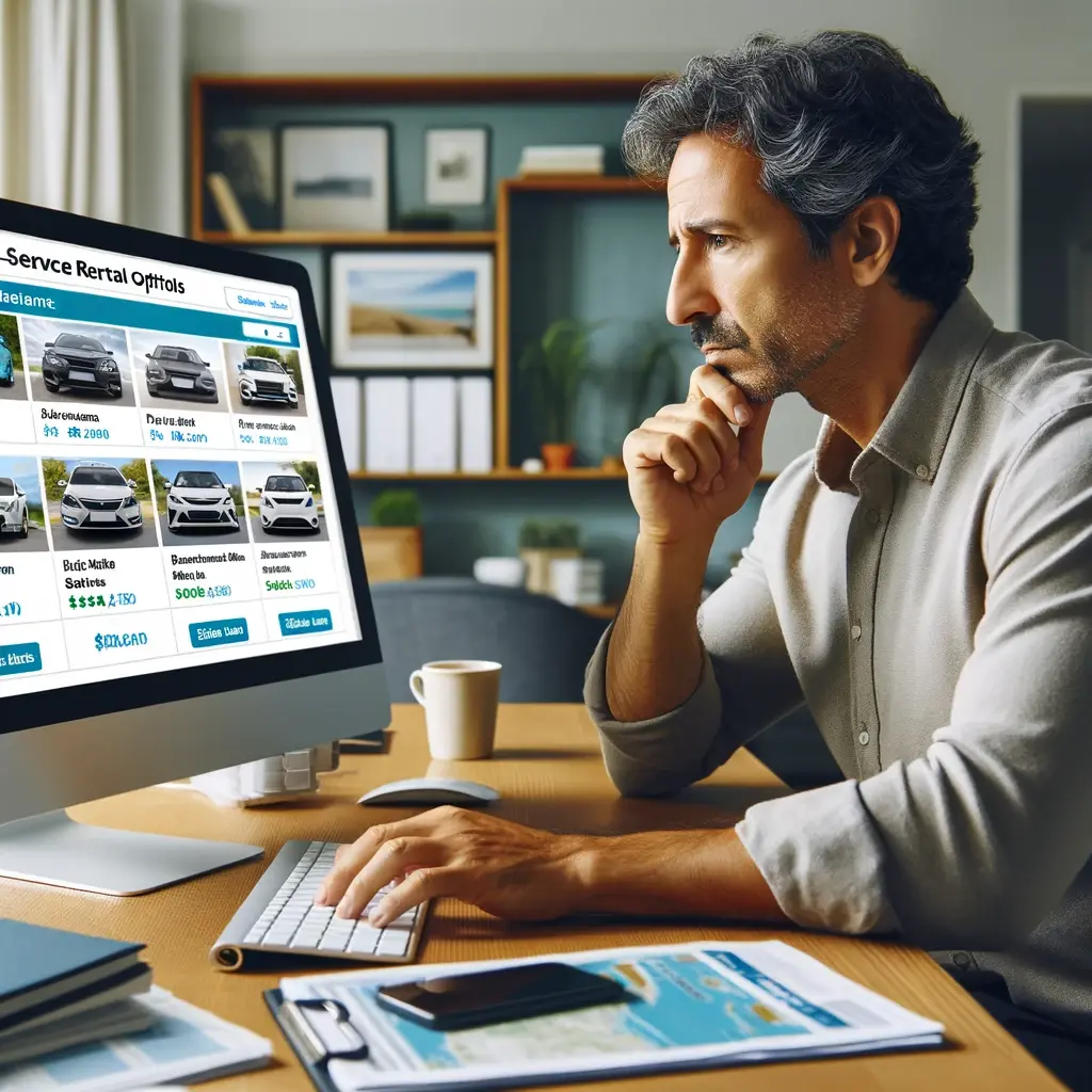 Person comparing car rental options on self-service booking tool