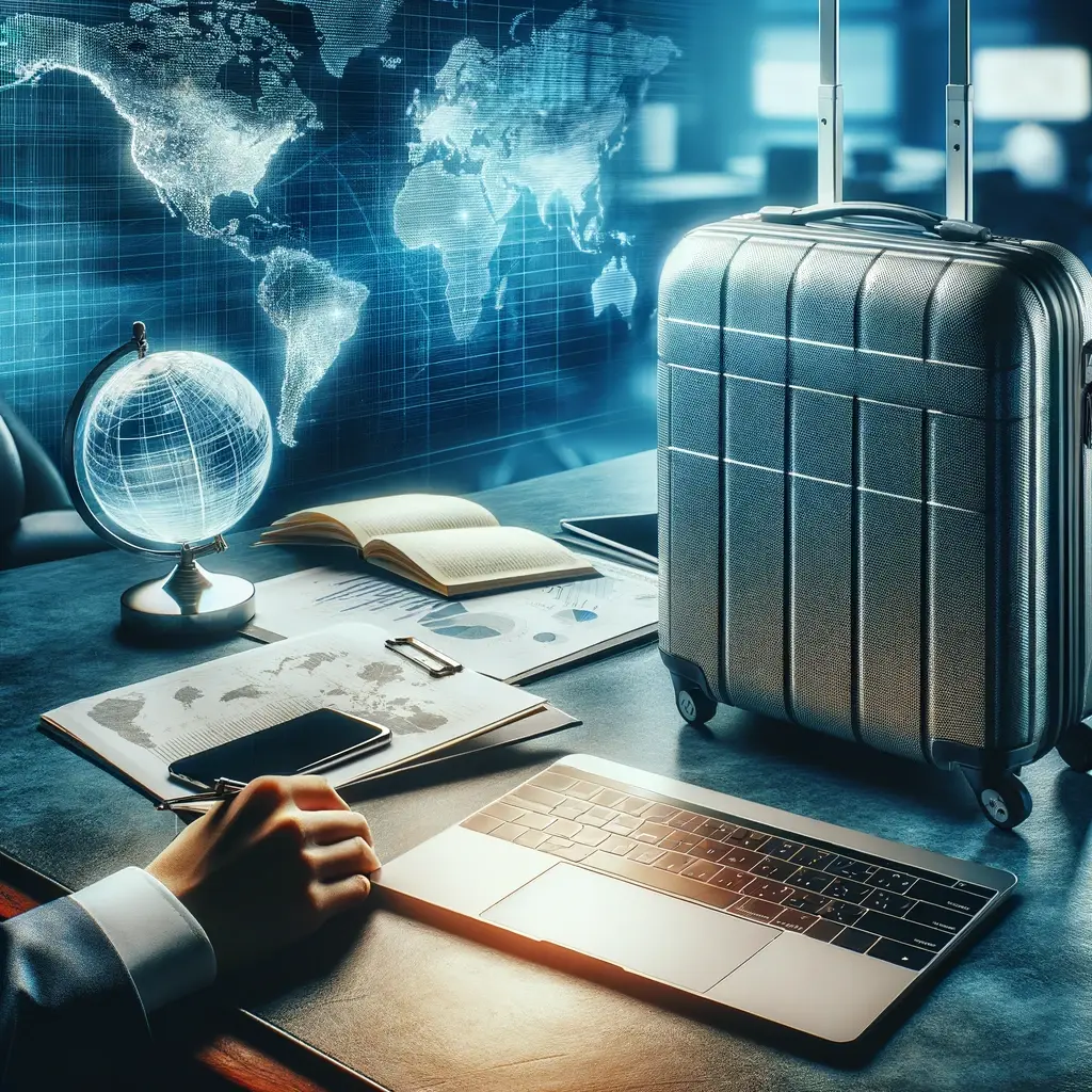 Corporate travel management - Laptop, suitcase, and world map on desk