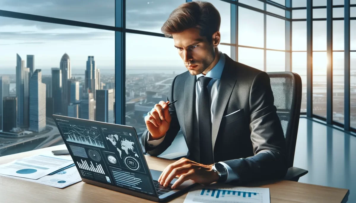 businessman analyzing a travel report on his laptop in a well-lit office with a city skyline visible in the background